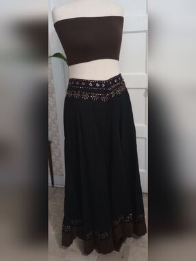 Autograph Black Maxi Skirt with Brown Hem and Beaded Trim